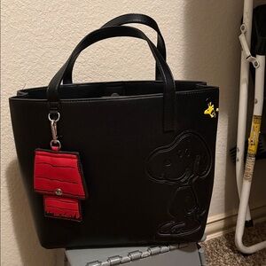 Snoopy Black Tote Bag with Red Doghouse Charm